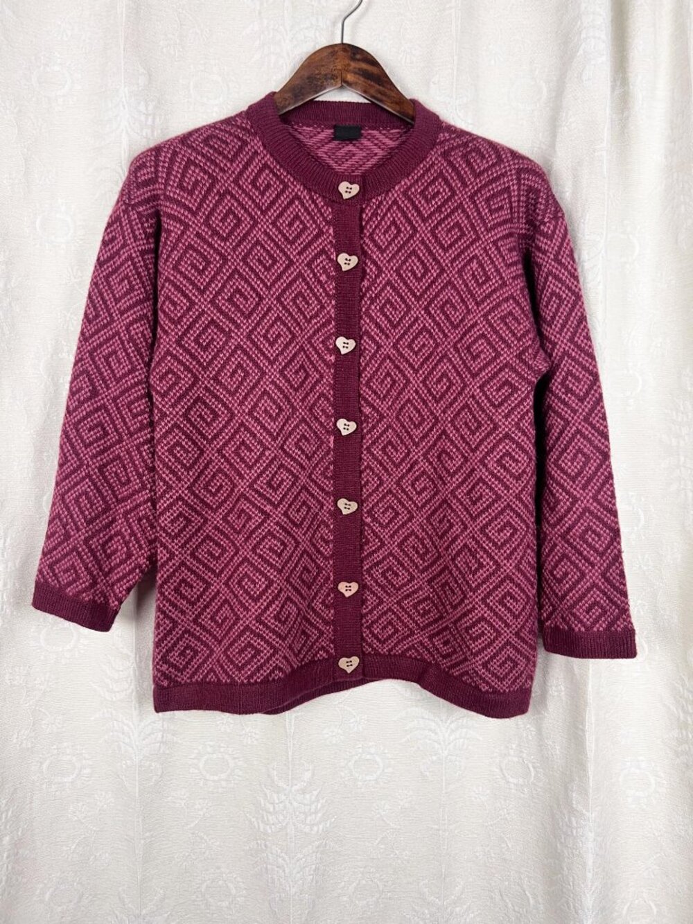 Alpaca wool Peruvian pink knit cardigan heart buttons Nordic pattern cottagecore